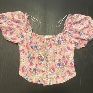 ASTR Romantic Floral Puff Sleeve Corset Crop Bustier Blouse Size Large